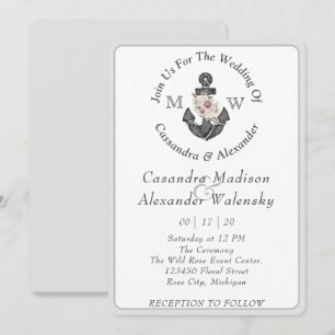Floral Anchor Nautical Wedding Silver Grey Stripe Invitation