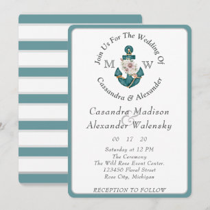 Floral Anchor Nautical Wedding Teal Aqua Blue Invitation