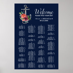 Floral Anchor Navy Autumn Alphabetical Table Plan Poster