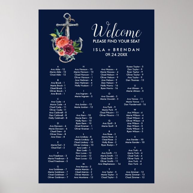 Floral Anchor Navy Autumn Alphabetical Table Plan Poster (Front)