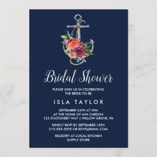 Floral Anchor   Navy Autumn Bridal Shower Invitation