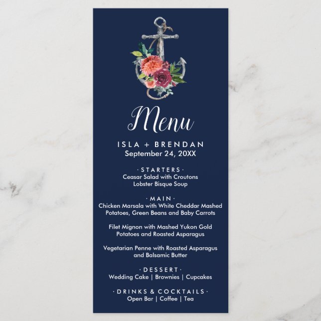 Floral Anchor | Navy Autumn Dinner Menu Card (Front)