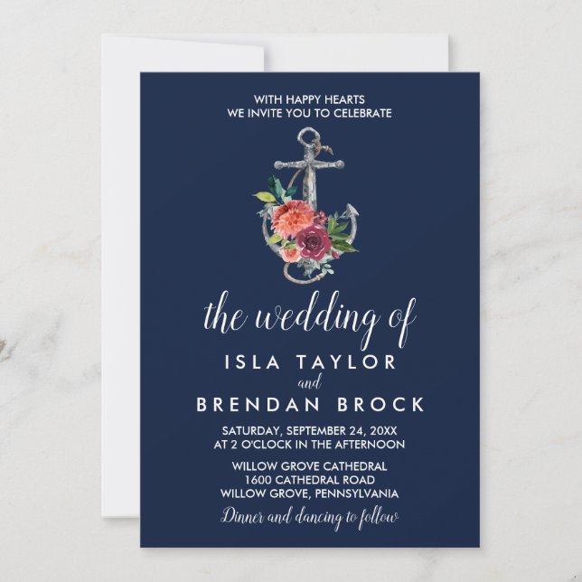 Floral Anchor | Navy Autumn The Wedding Of Invitation (Front)