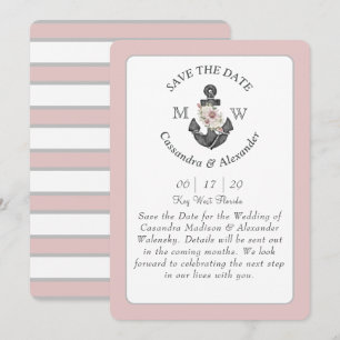 Floral Anchor Navy Blue Pink Nautical Wedding  Inv Invitation