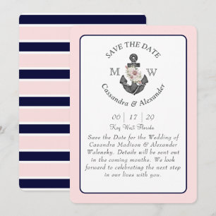Floral Anchor Navy Blue Pink Nautical Wedding  Invitation