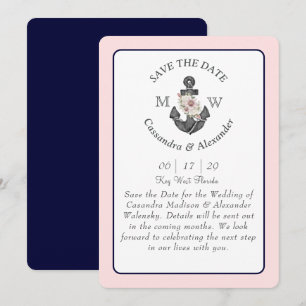 Floral Anchor Navy Blue Pink Nautical Wedding Invitation