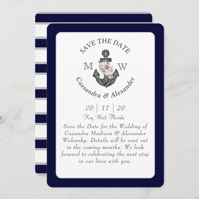 Floral Anchor Navy Blue White Nautical Wedding  Invitation (Front/Back)
