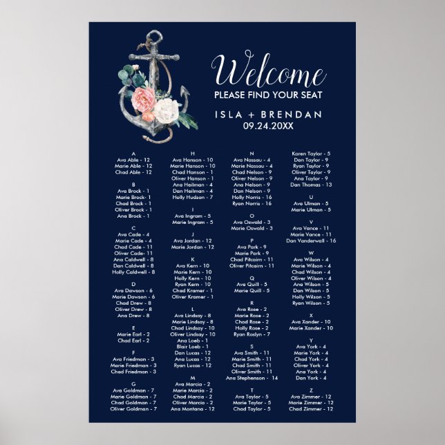 Floral Anchor Navy Summer Alphabetical Table Plan Poster (Front)