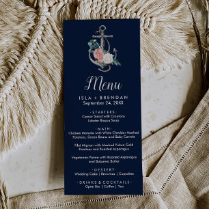 Floral Anchor Navy Summer Dinner Menu Card