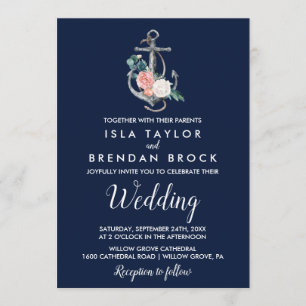 Floral Anchor Navy Summer Wedding Invitation