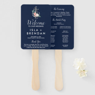 Floral Anchor   Navy Summer Wedding Program Hand Fan