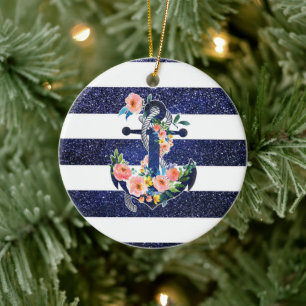 Floral anchor on striped background ceramic tree decoration