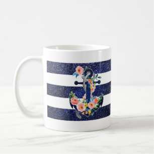 Floral anchor on striped background coffee mug