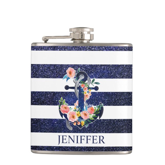 Floral anchor on striped background                hip flask (Front)