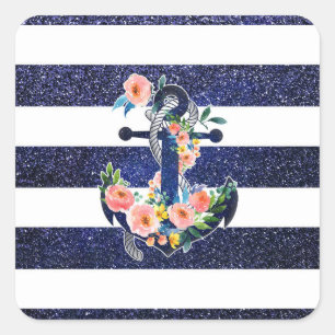 Floral anchor on striped background square sticker