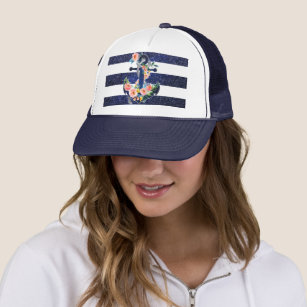 Floral anchor on striped background trucker hat