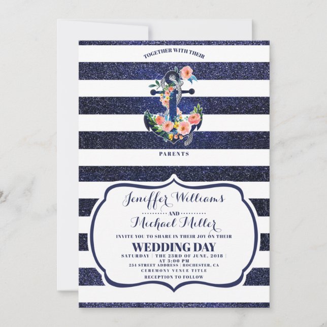 Floral anchor on striped wedding  invitation (Front)