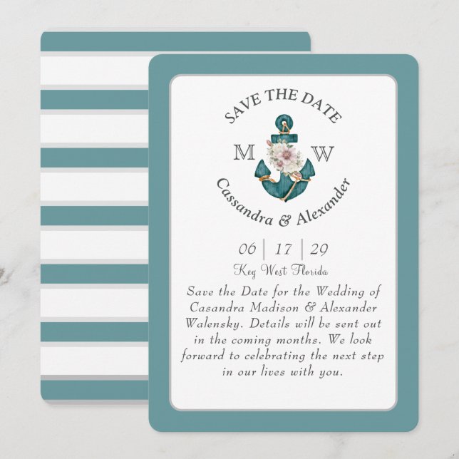 Floral Anchor Teal Aqua Blue Nautical Wedding  Invitation (Front/Back)