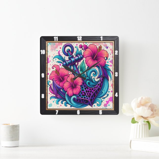 Floral Anchor Tropical Vibes Square Wall Clock (Home)