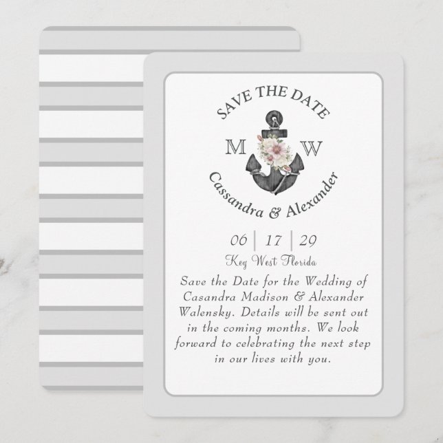 Floral Anchor White Silver Grey Nautical Wedding  Invitation (Front/Back)