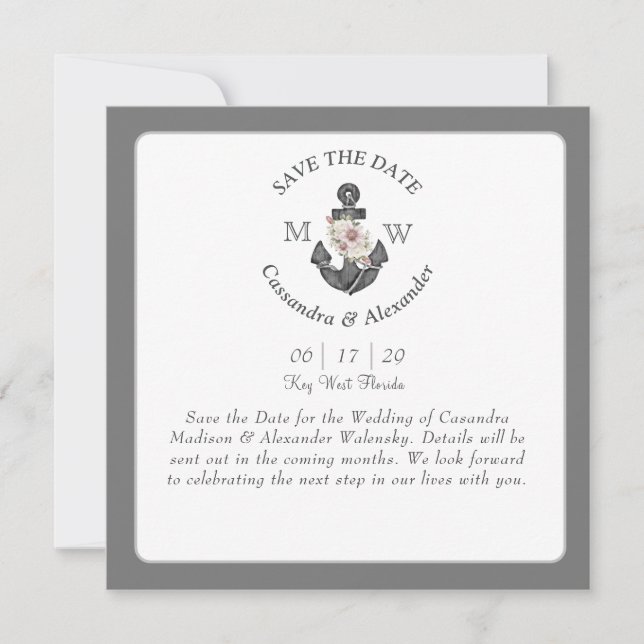 Floral Anchor White Silver Grey Nautical Wedding  Save The Date (Front)