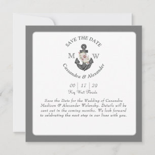 Floral Anchor White Silver Grey Nautical Wedding  Save The Date