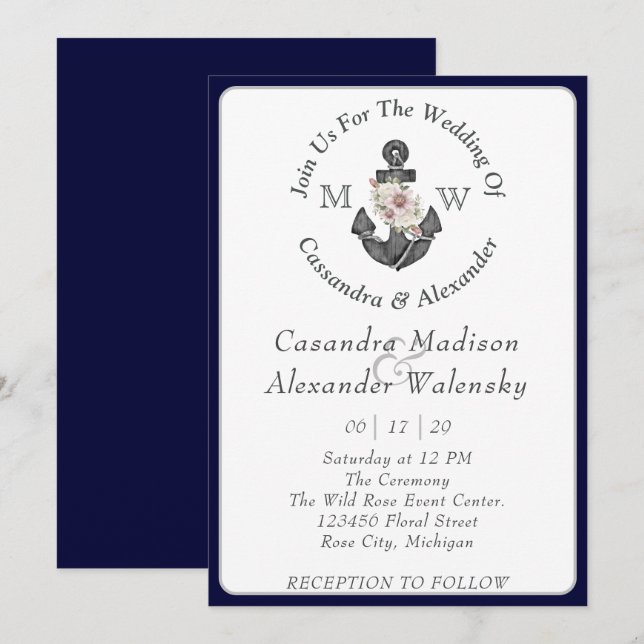 Floral Anchor with Rope Beach Wedding Navy Blue  Invitation (Front/Back)
