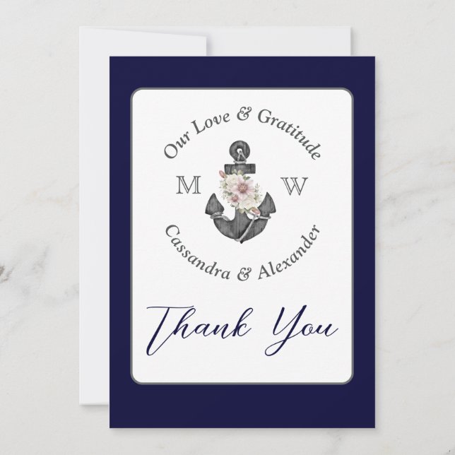 Floral Anchor with Rope Beach Wedding Navy Blue Thank You Card (Back)