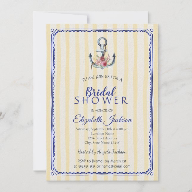  Floral Anchor Yellow Striped Bridal Shower Invitation (Front)