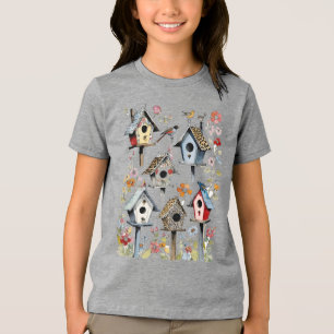 Floral And Animal Print Patchwork Birdhouses Tri-Blend Shirt