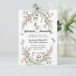 Floral and bird illustration wedding invitation