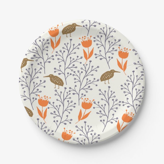 Floral and Bird Pattern Nature Inspired Paper Plate (Front)