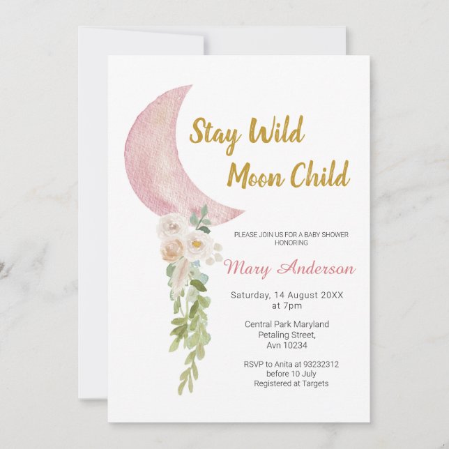 Floral and Blush Pink Moon Baby Shower  Invitation (Front)