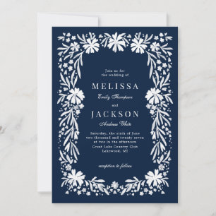 Floral and Botanical Navy Frame Wedding Invitation
