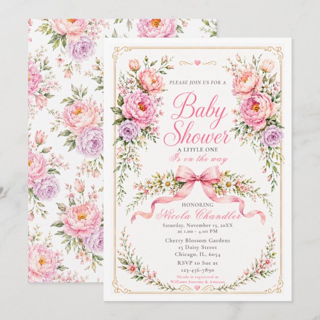 Floral and Bow Baby Shower Invitation (Front/Back)