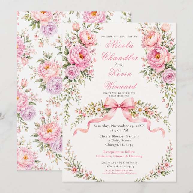 Floral and bow Wedding Invitation (Front/Back)