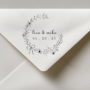 Floral and Bow Wreath Custom Couple Names Wedding Rubber Stamp