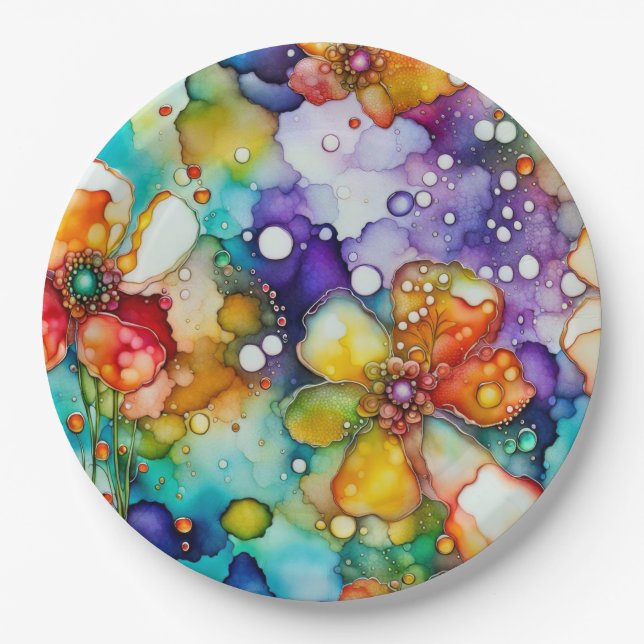 Floral and Bubbles Abstract Paper Plate (Front)