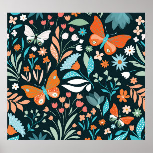 Floral and butterflies, decorative seamless patter poster