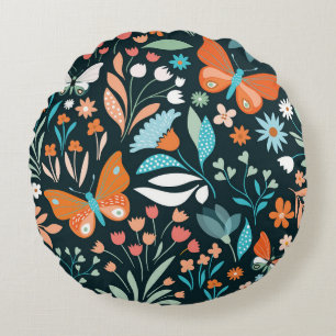 Floral and butterflies, decorative seamless patter round cushion