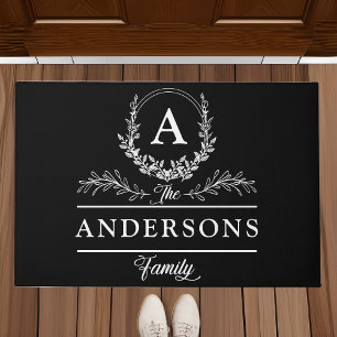 Floral and Classy Personalised Family Name Black Doormat