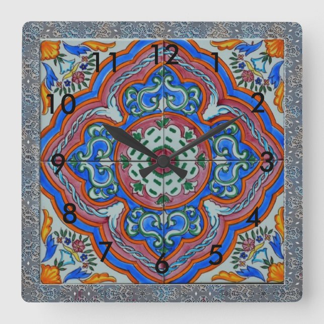 Floral and Decorative Ceramic Tile Wall Clock (Front)