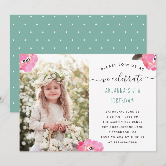 Floral and Dots Photo Birthday Party Invitation (Front/Back)