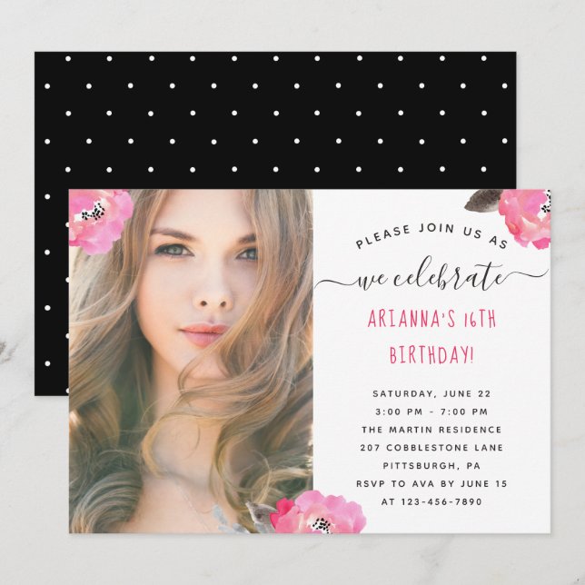Floral and Dots Photo Birthday Party Invitation (Front/Back)