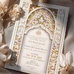 Floral and Geometric Gold Muslim & Islamic Wedding Invitation<br><div class="desc">This beautifully crafted wedding invitation combines traditional Islamic art with a modern aesthetic, perfect for the couple seeking a blend of classic elegance and contemporary design. The invitation features a stunning front and back design, both adorned with intricate floral patterns and geometric shapes. The front showcases a white and gold...</div>