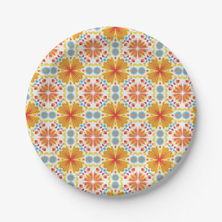 floral and geometric pattern in shades of orange paper plate