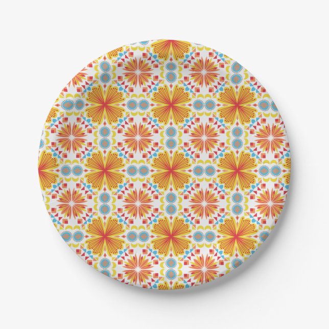 floral and geometric pattern in shades of orange paper plate (Front)