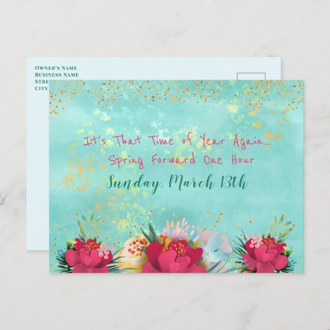 Floral and Glitter Spring Forward Reminder Postcard (Front/Back)