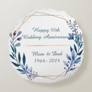 Floral and Gold 50th Wedding Anniversary Round Cushion