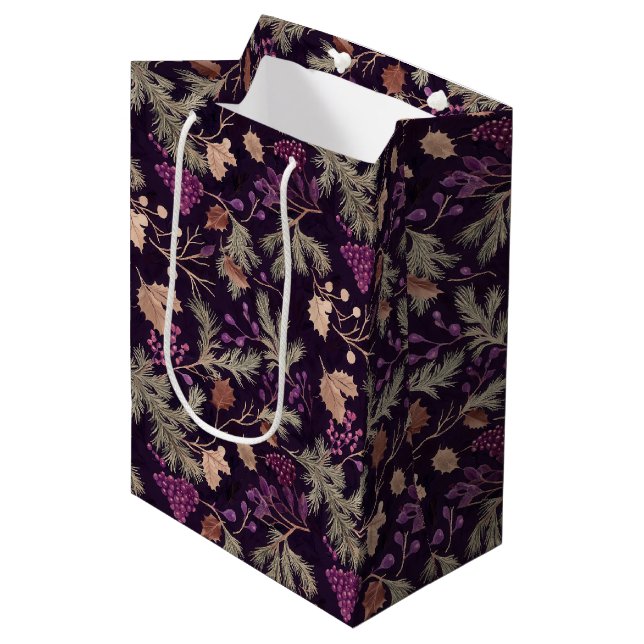 Floral and Gold Coloured Leaves Medium Gift Bag (Front Angled)